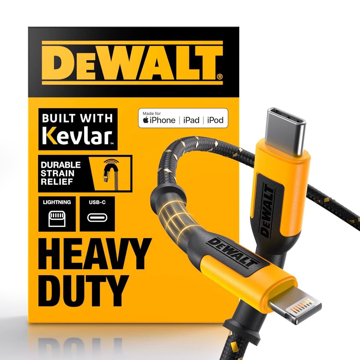 DEWALT 3 Made for BUILT WITH iPhone iPad iPod Kevlar - DURABLE STRAIN RELIEF LIGHTNING USB-C Dewalt HEAVY DUTY