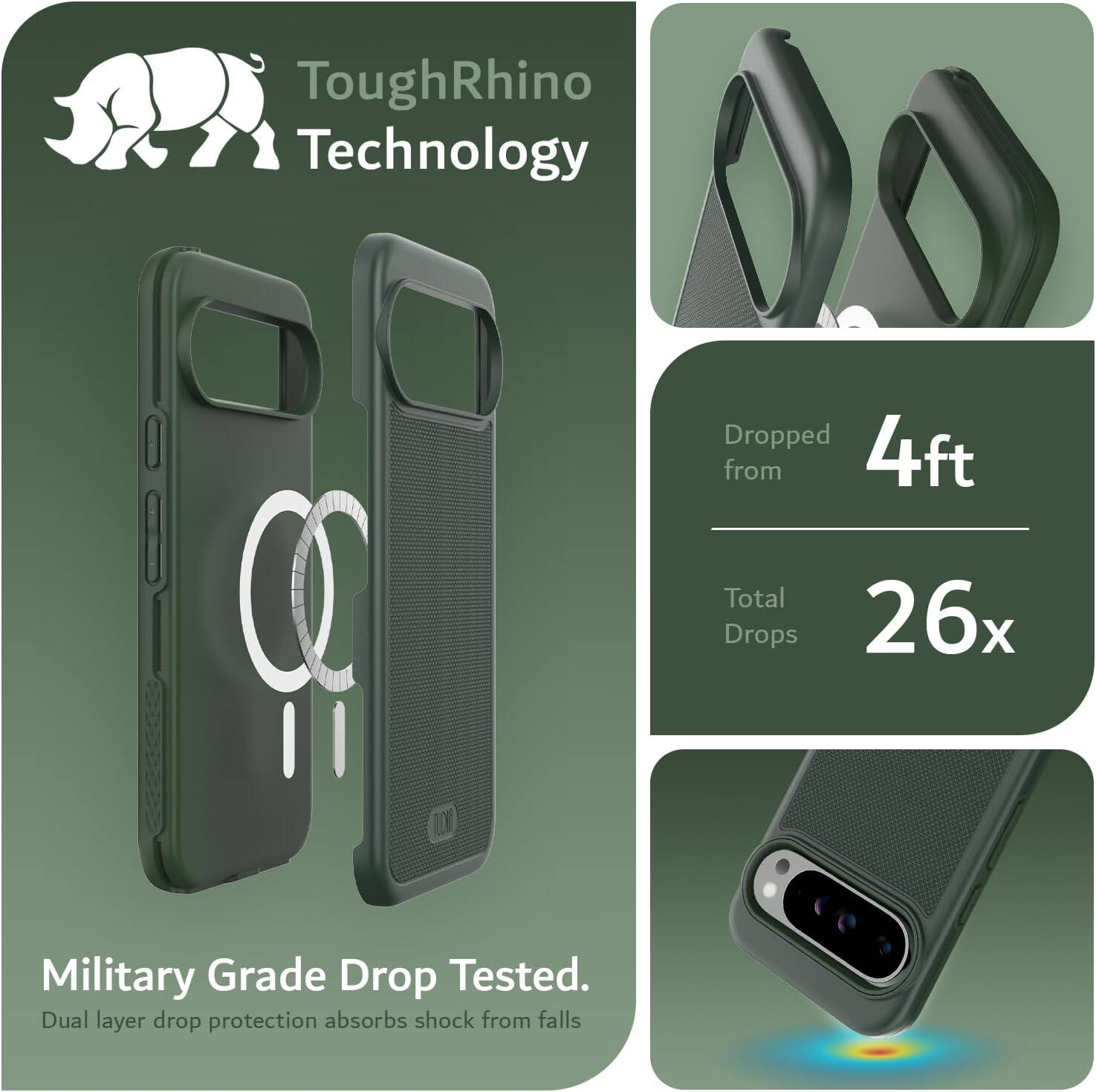 ToughRhino Technology

Military Grade Drop Tested.
Dual layer drop protection absorbs shock from falls.

Dropped from 4ft
Total Drops 26x