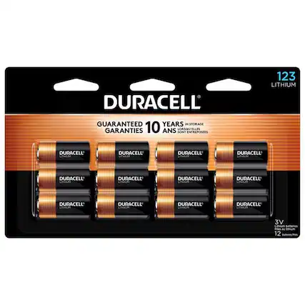 DURACELL
GUARANTEED 10 YEARS IN STORAGE
GARANTIES 10 ANS SONT LORSQU'ELLES ENTREPOSÉES
123 LITHIUM
DURACELL LITHIUM
3V Lithium batteries
Piles au lithium
12 Batteries/Piles