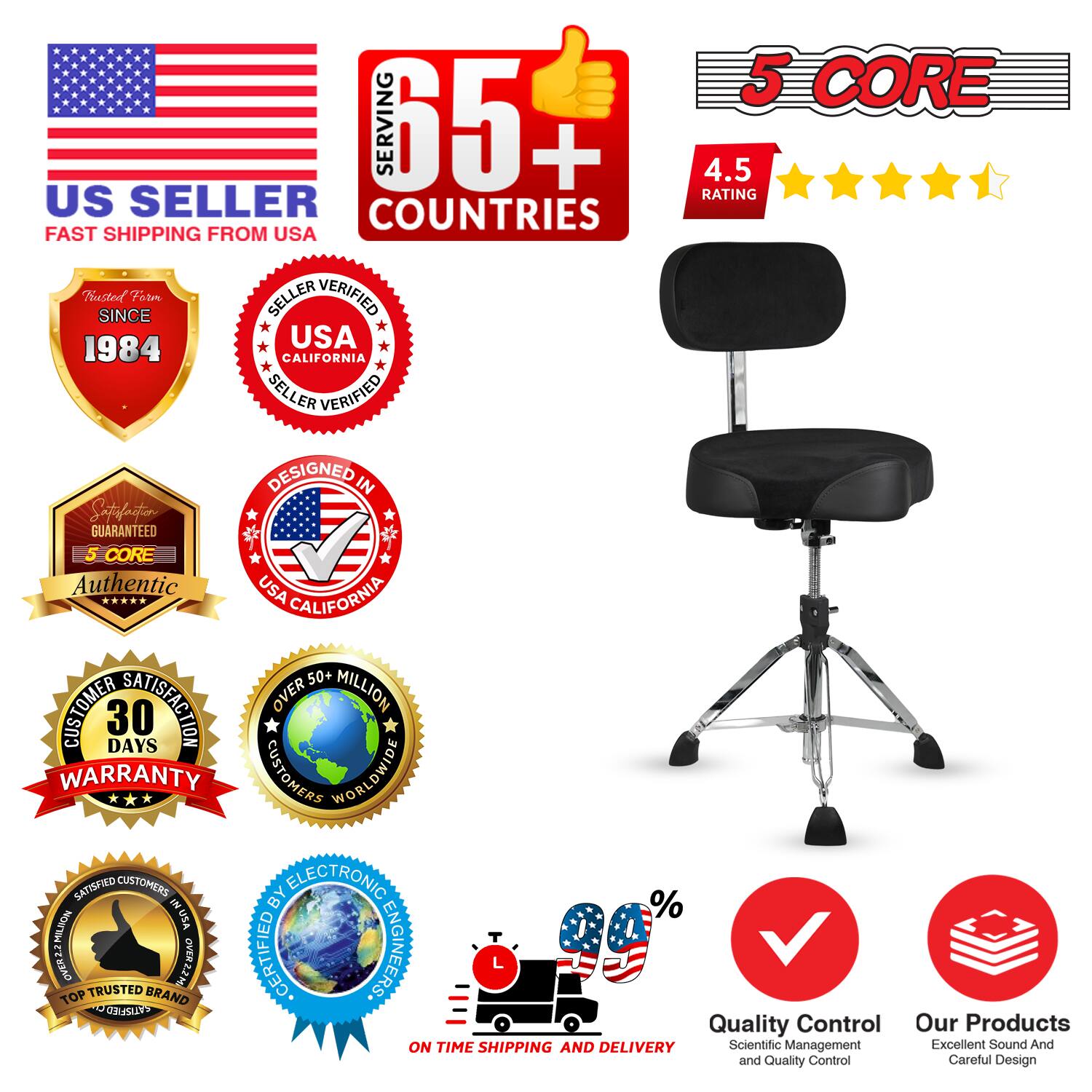 Sure, here is the corrected and grouped text from the image:

---

**US SELLER**  
FAST SHIPPING FROM USA

**5 CORE**  
4.5 RATING

**65+ COUNTRIES**  
SERVING SINCE 1984

**USA CALIFORNIA**  
SELLER VERIFIED

**DESIGNED IN**  
USA CALIFORNIA

**5 CORE**  
Authentic

**CUSTOMER SATISFACTION**  
30 DAYS WARRANTY

**OVER 50+ MILLION**  
CUSTOMERS WORLDWIDE

**TOP TRUSTED BRAND**  
CERTIFIED BY ELECTRONIC ENGINEERS

**ON TIME SHIPPING AND DELIVERY**

**Quality Control**  
Scientific Management and Quality Control

**Our Products**  
Excellent Sound And Careful Design

**%**  
NOWYM VSONA OVERZZM

---

This text is organized to reflect the various badges and information presented in the image.