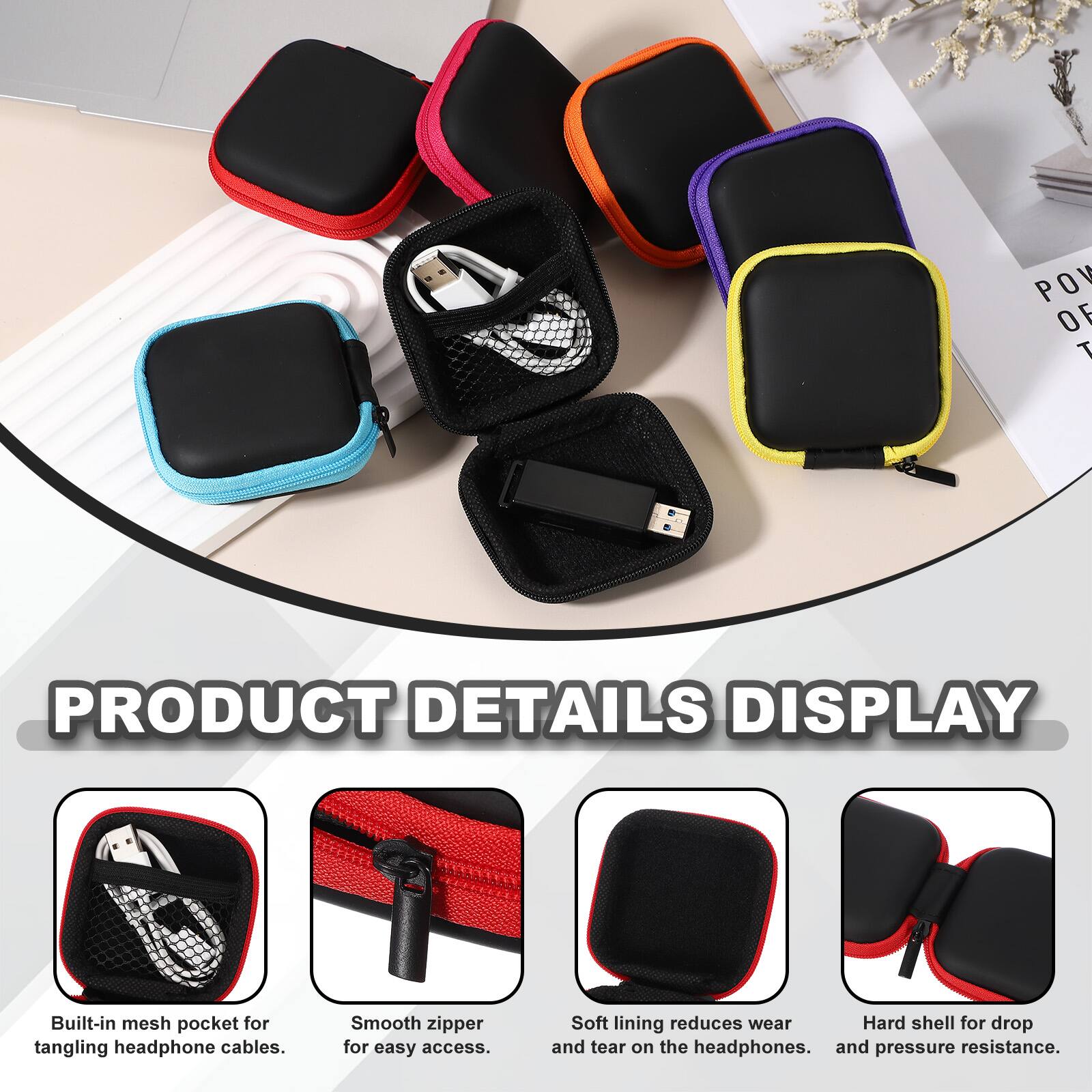 PRODUCT DETAILS DISPLAY

- Built-in mesh pocket for tangling headphone cables.
- Smooth zipper for easy access.
- Soft lining reduces wear and tear on the headphones.
- Hard shell for drop and pressure resistance.