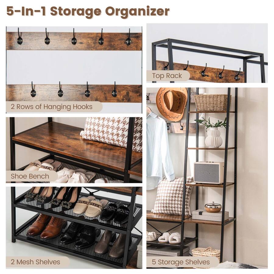 Costway 1 PC 5 In 1 Entryway Coat Rack Storage Shoe Bench Freestanding ...