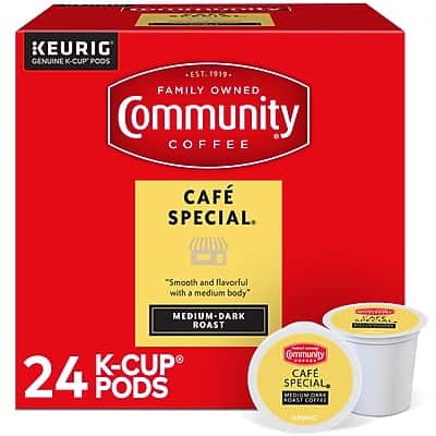 KEURIG GENUINE K-CUP PODS  
EST. 1919 FAMILY OWNED  
Community COFFEE  

CAFE SPECIAL  
"Smooth and flavorful with a medium body"  
MEDIUM-DARK ROAST  

24 K-CUP PODS  

Community CAFÉ SPECIAL  
MEDIUM-DARK ROAST COFFEE