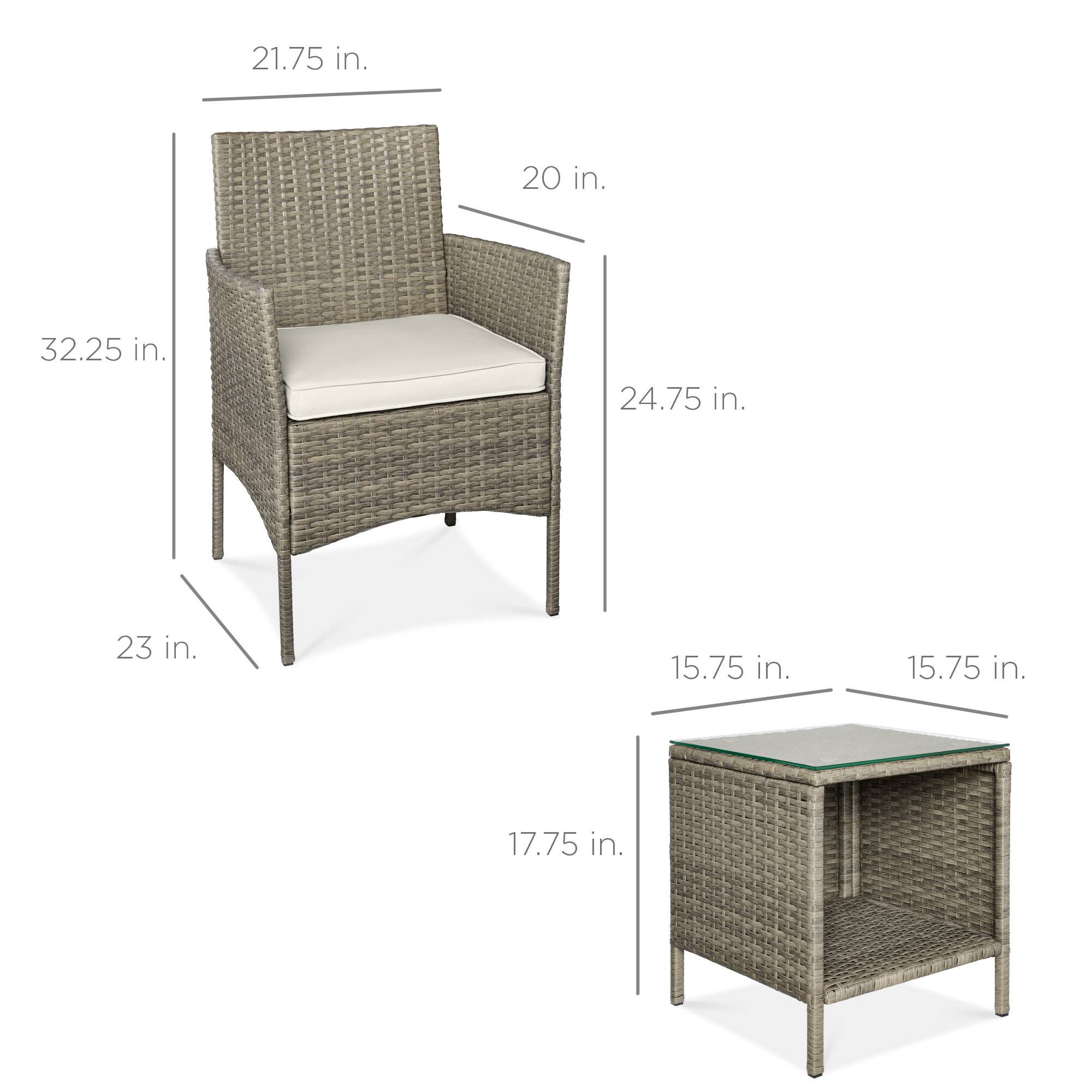 - Chair:
  - Height: 32.25 in.
  - Width: 21.75 in.
  - Depth: 24.75 in.
  - Seat Height: 17.75 in.
  - Armrest Height: 20 in.
  - Seat Depth: 23 in.

- Table:
  - Height: 15.75 in.
  - Width: 15.75 in.
  - Depth: 17.75 in.
