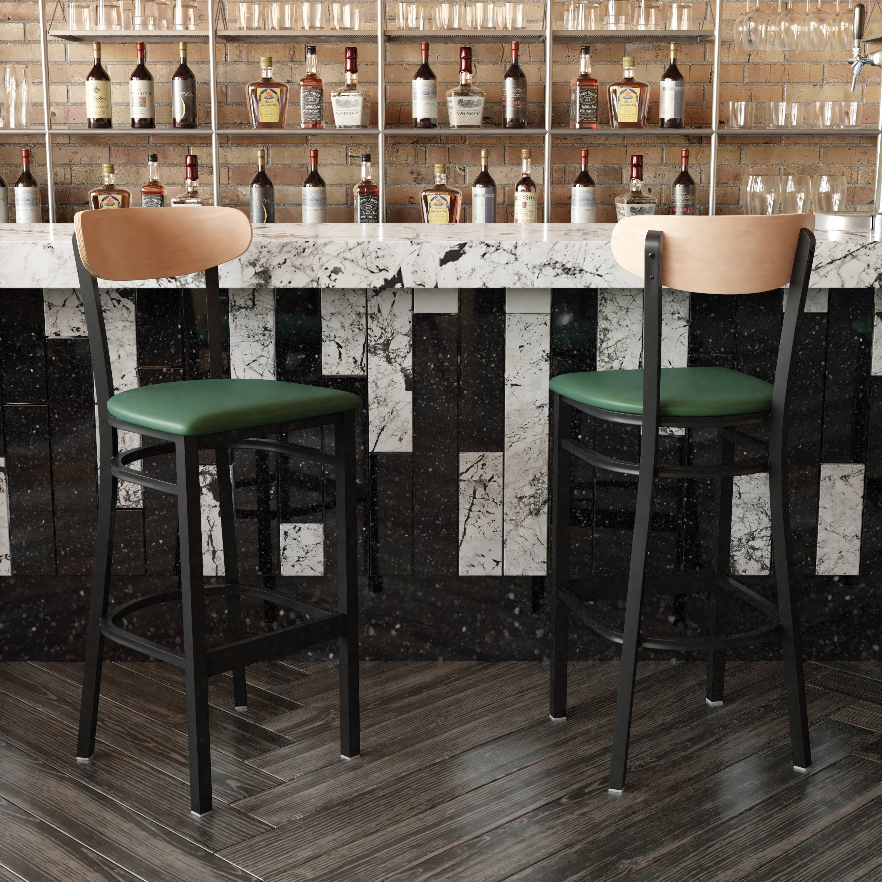 Alt View 4. Emma + Oliver - Yara Industrial Barstool with Rolled Steel Frame and Solid Wood Seat - 500 lbs. Static Weight Capacity - Natural Birch Wood Back/Green Vinyl Seat.