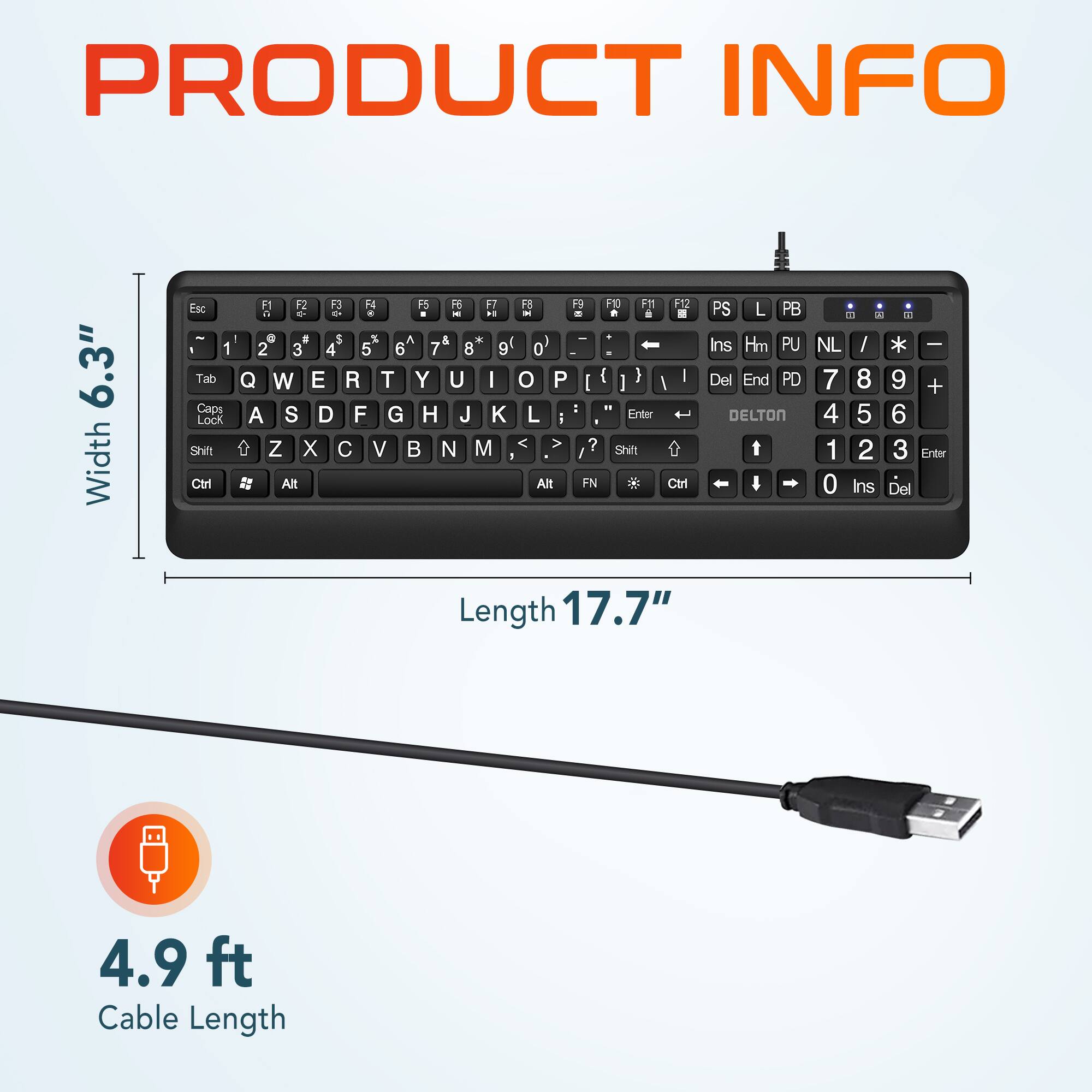 PRODUCT INFO, 6.3" Width, Length 17.7", 4.9 ft Cable Length