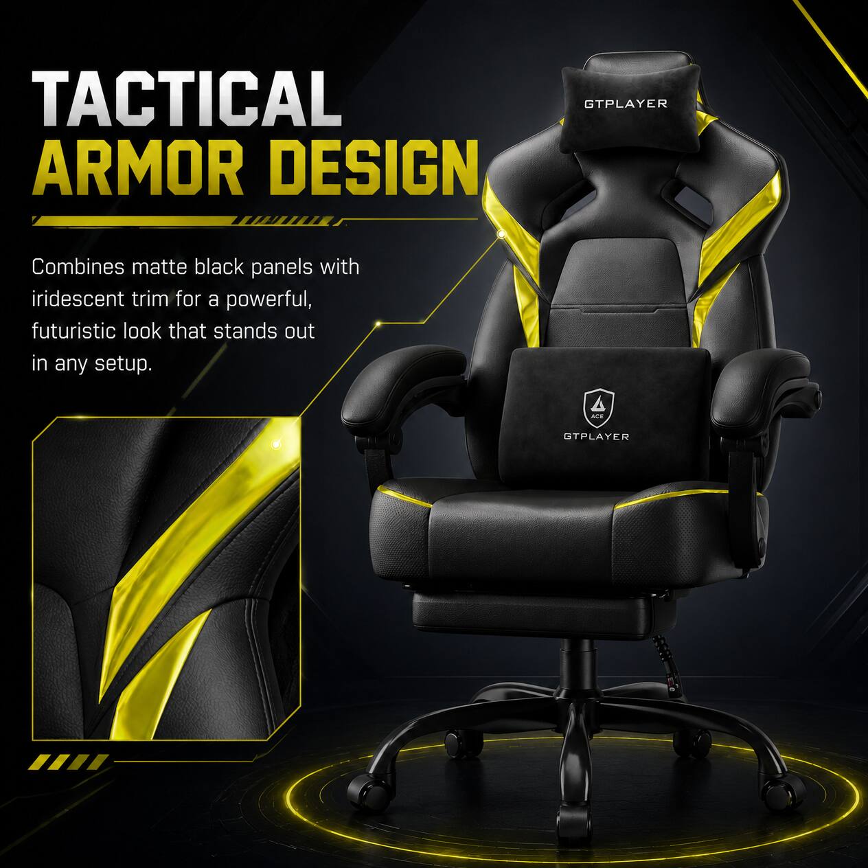 TACTICAL ARMOR DESIGN GTPLAYER Combines matte black panels with iridescent trim for a powerful, futuristic look that stands out in any setup.