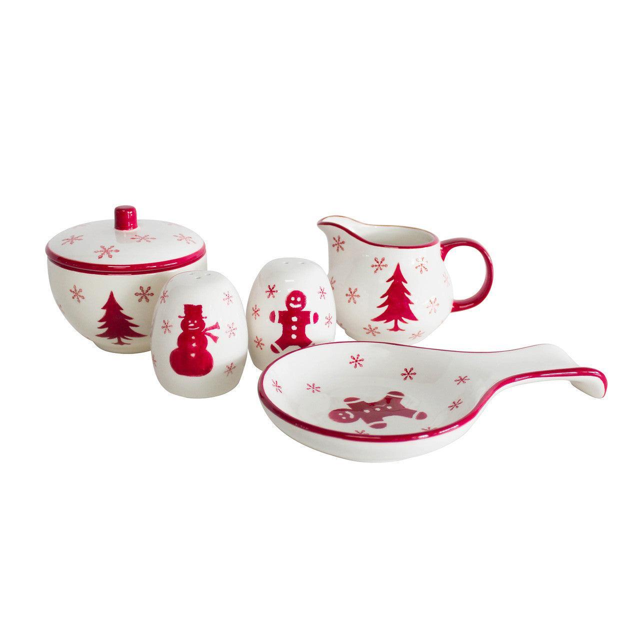 Front. Euro Ceramica Home - Winterfest 5 Piece Accessory Set - White and Red.