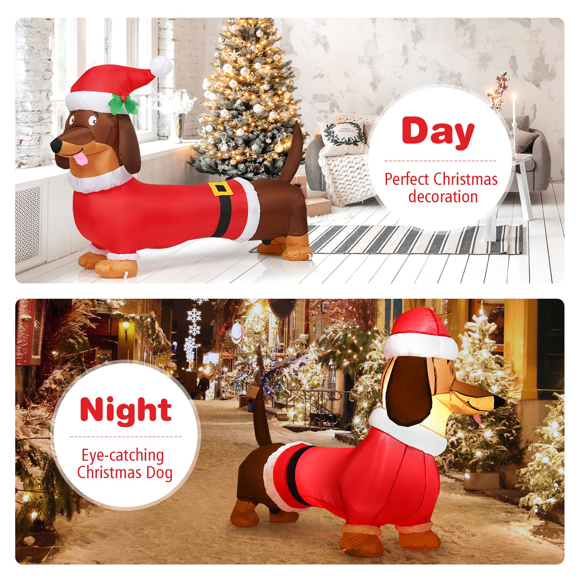 Day: Perfect Christmas decoration. Night: Eye-catching Christmas Dog.