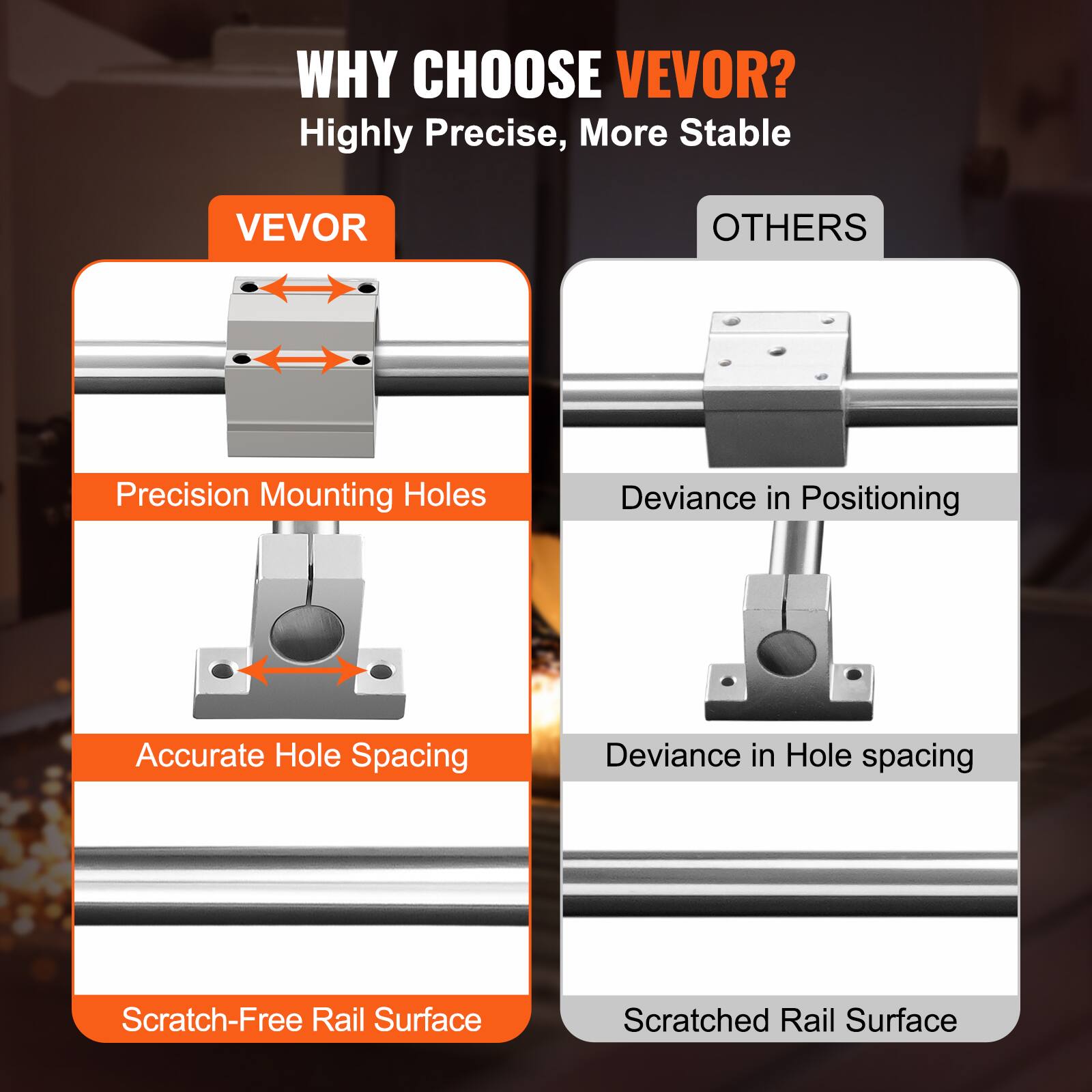 WHY CHOOSE VEVOR?  
Highly Precise, More Stable

VEVOR  
- Precision Mounting Holes  
- Accurate Hole Spacing  
- Scratch-Free Rail Surface  

OTHERS  
- Deviance in Positioning  
- Deviance in Hole Spacing  
- Scratched Rail Surface