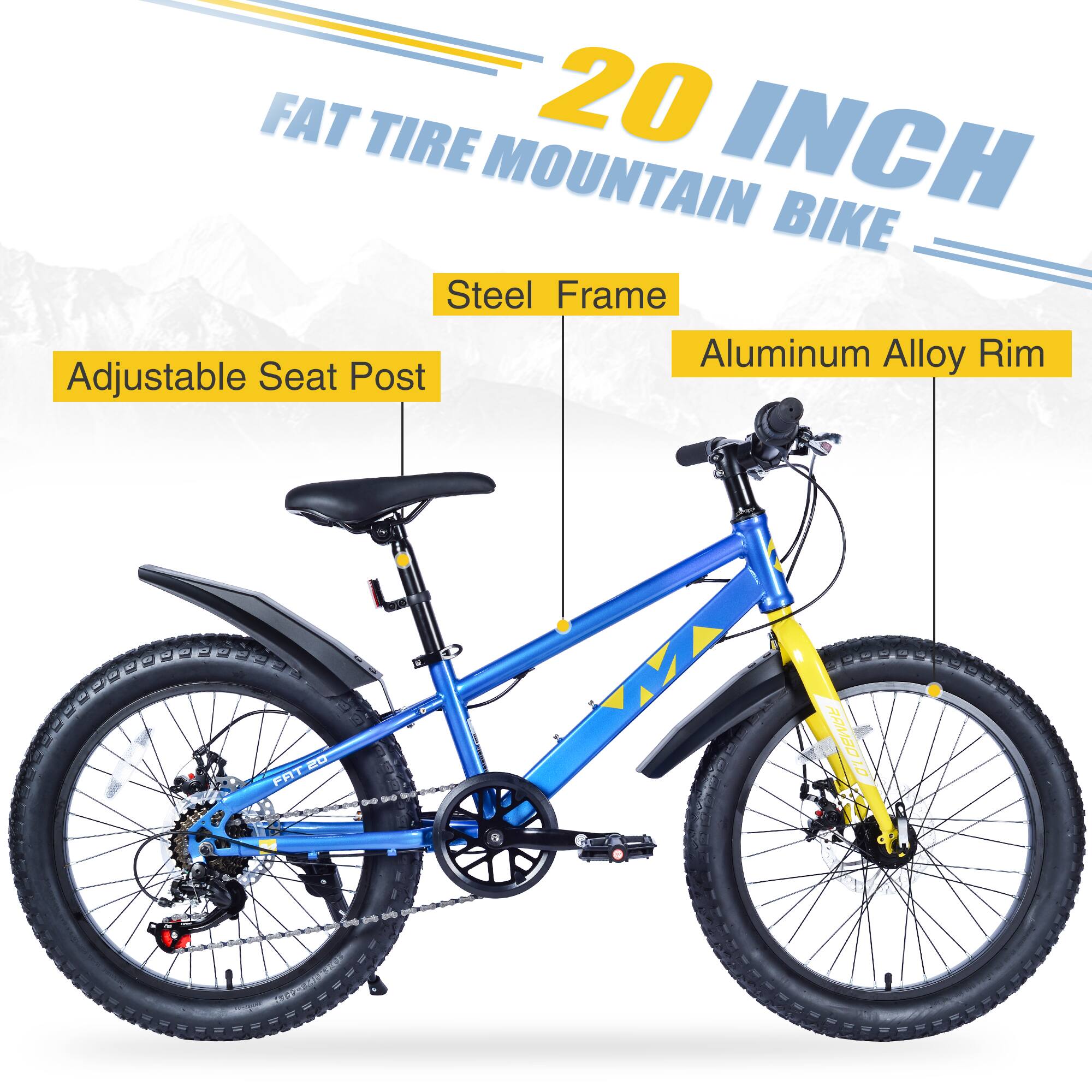 FAT TIRE 20 INCH MOUNTAIN BIKE  
Steel Frame  
Adjustable Seat Post  
Aluminum Alloy Rim