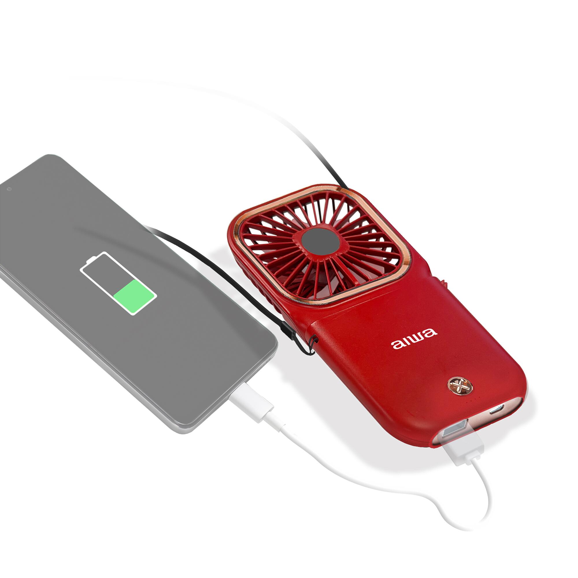 Alt View 1. Aiwa - Aiwa 4000mAh Portable Fan & Power Bank with Neck Strap, 3-Speed Foldable Personal Fan, Phone Stand & 180 Adjustable Tilt - Red.