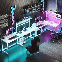 Anysun - 61.6" L Shaped Gaming Desk with Power Outlets & LED Lights, Monitor Stand & CPU Shelf for Home Office - White