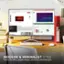 The image features a large computer monitor with a modern and minimalist style. The monitor is placed on a desk, and there is a keyboard and mouse nearby. The desk also has a potted plant and a stack of books on it. The scene is perfect for office, graphic design, and home entertainment.