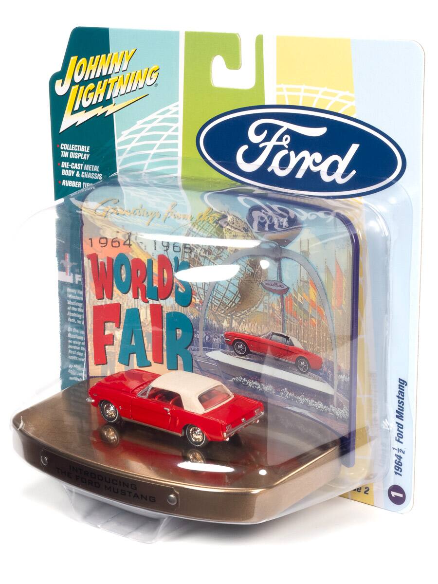 Johnny Lightning  
Collectible Tin Display  
Die-Cast Metal Body & Chassis  
Rubber Tires  

Ford  
1964-1968  
World's Fair  
Introducing the Ford Mustang  

1964 1/2 Ford Mustang
