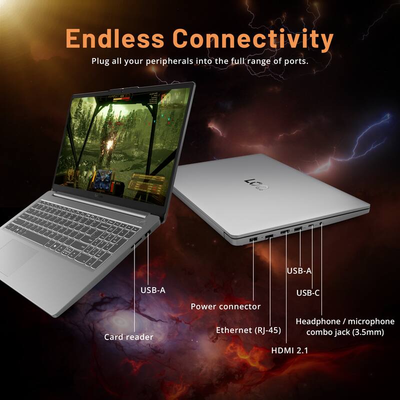 Endless Connectivity  
Plug all your peripherals into the full range of ports.  

USB-A  
USB-A  
USB-C  
Power connector  
Card reader  
Headphone / microphone combo jack (3.5mm)  
Ethernet (RJ-45)  
HDMI 2.1