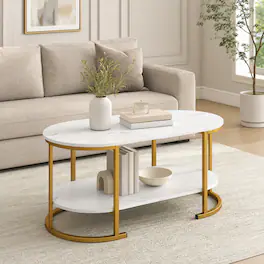 WELLFOR - 39.5" 2-Tier Oval Coffee Table with Metal Frame, Modern Wood Accent Table with Storage Shelf for Living Rooms - White