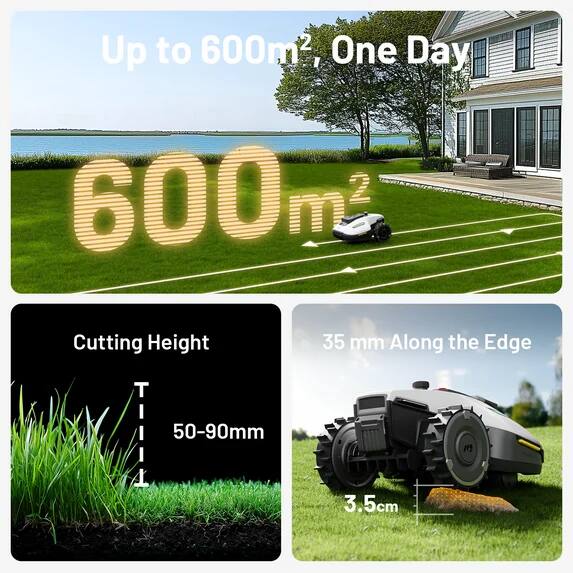Up to 600m², One Day. Cutting Height: 35 mm Along the Edge. T: 50-90mm, 3.5cm.