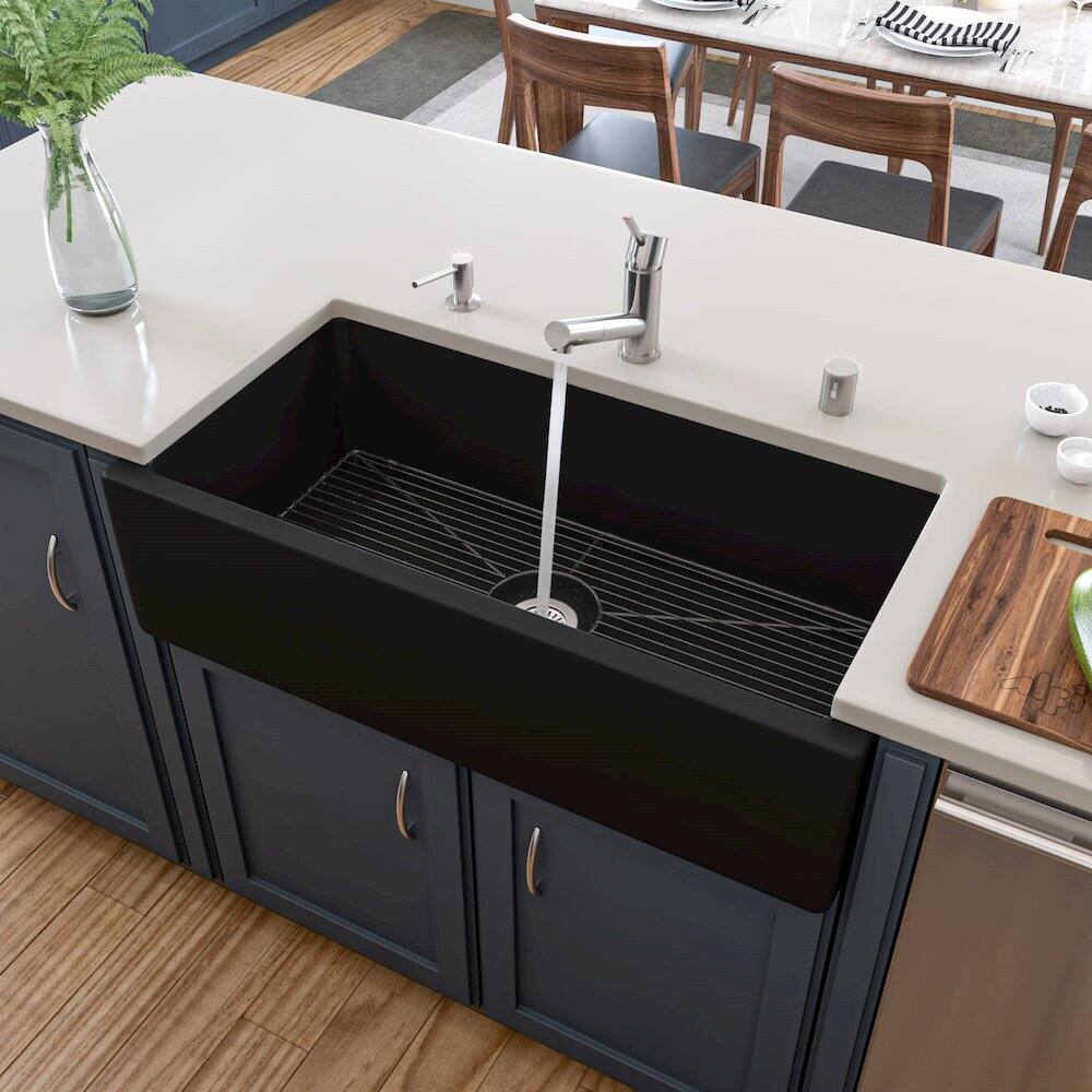 Angle. Alfi - 36" Black Matte Reversible Smooth / Fluted Single Bowl Fireclay Farm Sink - Black.