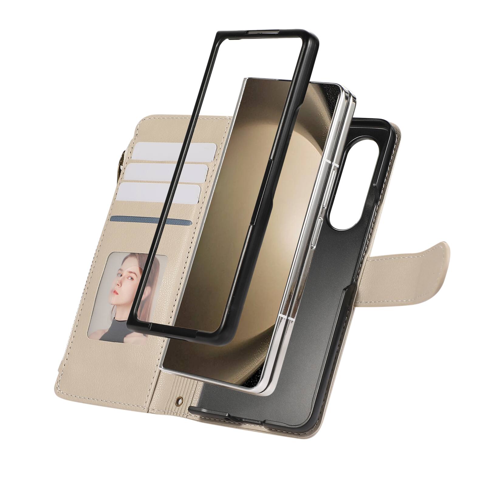 Angle. Dteck - Crossbody Wallet Case for Samsung Galaxy Z Fold7 with Zipper Pocket, Premium Shockproof PU Leather TPU Protective Cover - Beige.