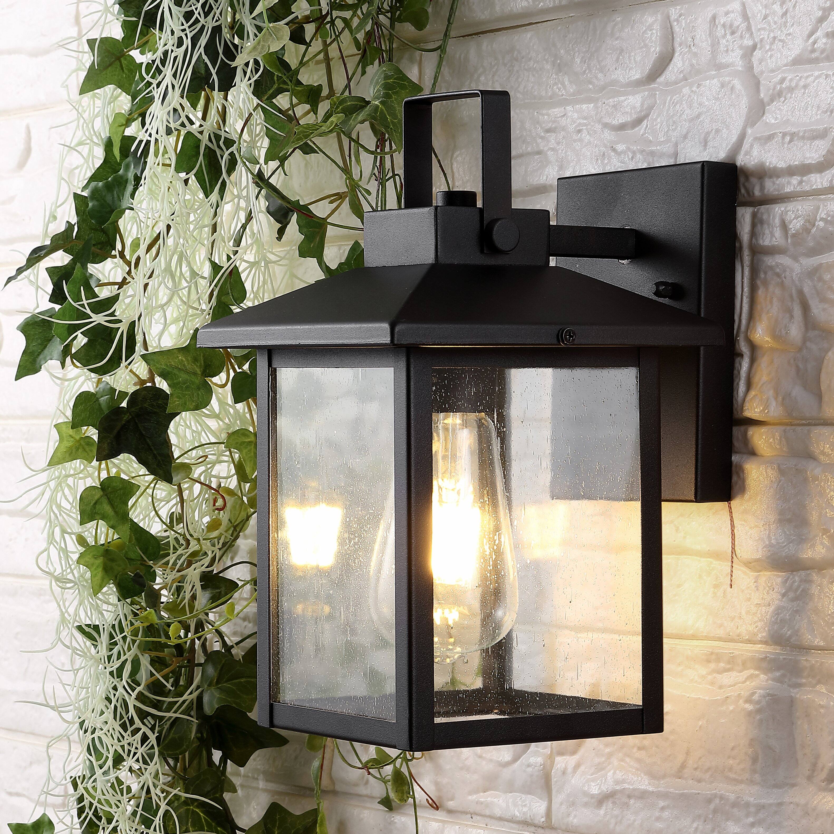 Alt View 1. Jonathan Y - Bungalow 6.75" 1-Light Iron/Seeded Glass Rustic Traditional Lantern LED Outdoor Sconce, Black (Set of 2) - Black.
