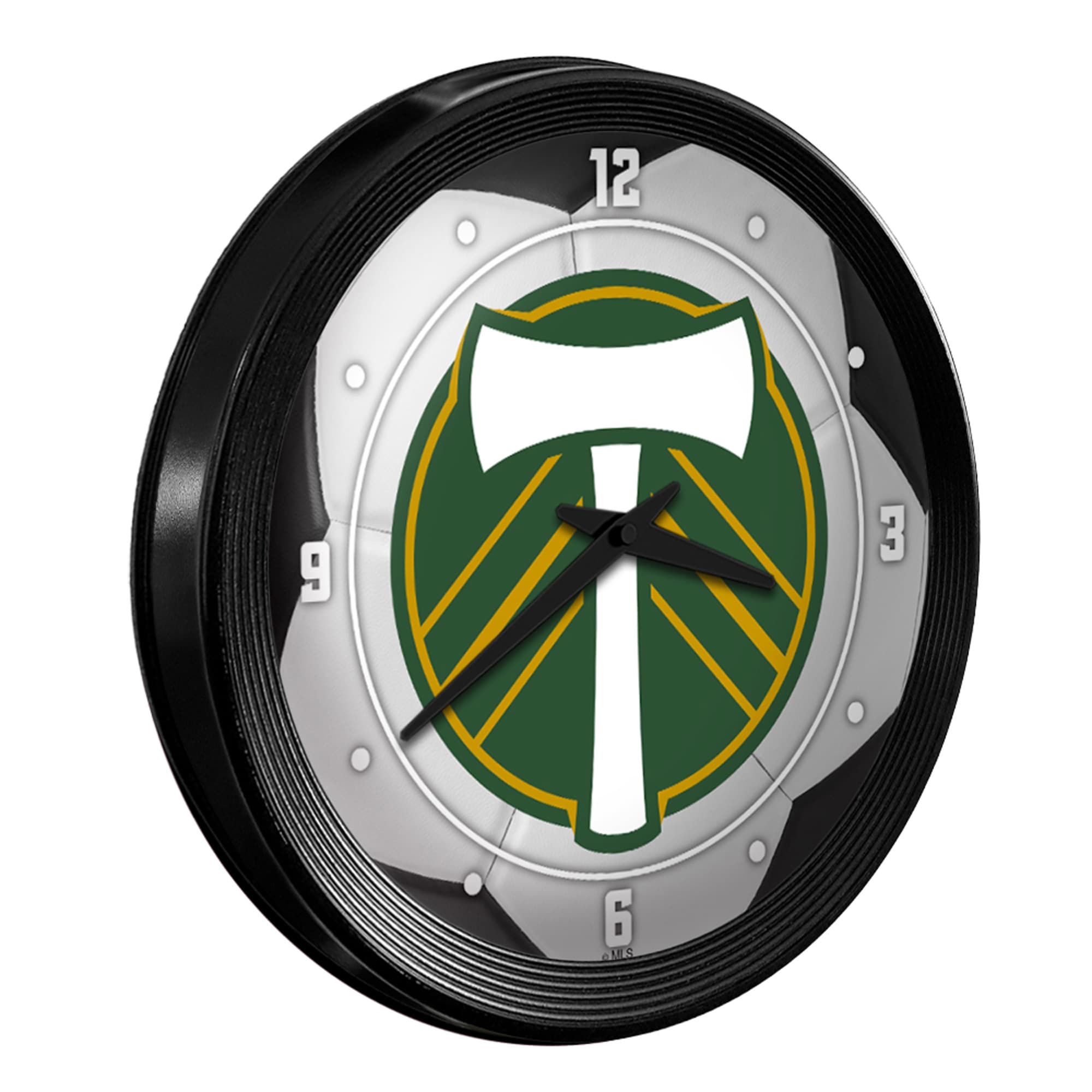 Alt View 1. The Fan-Brand - Portland Timbers 15" Ribbed Frame Soccer Ball Wall Clock - Multicolor.