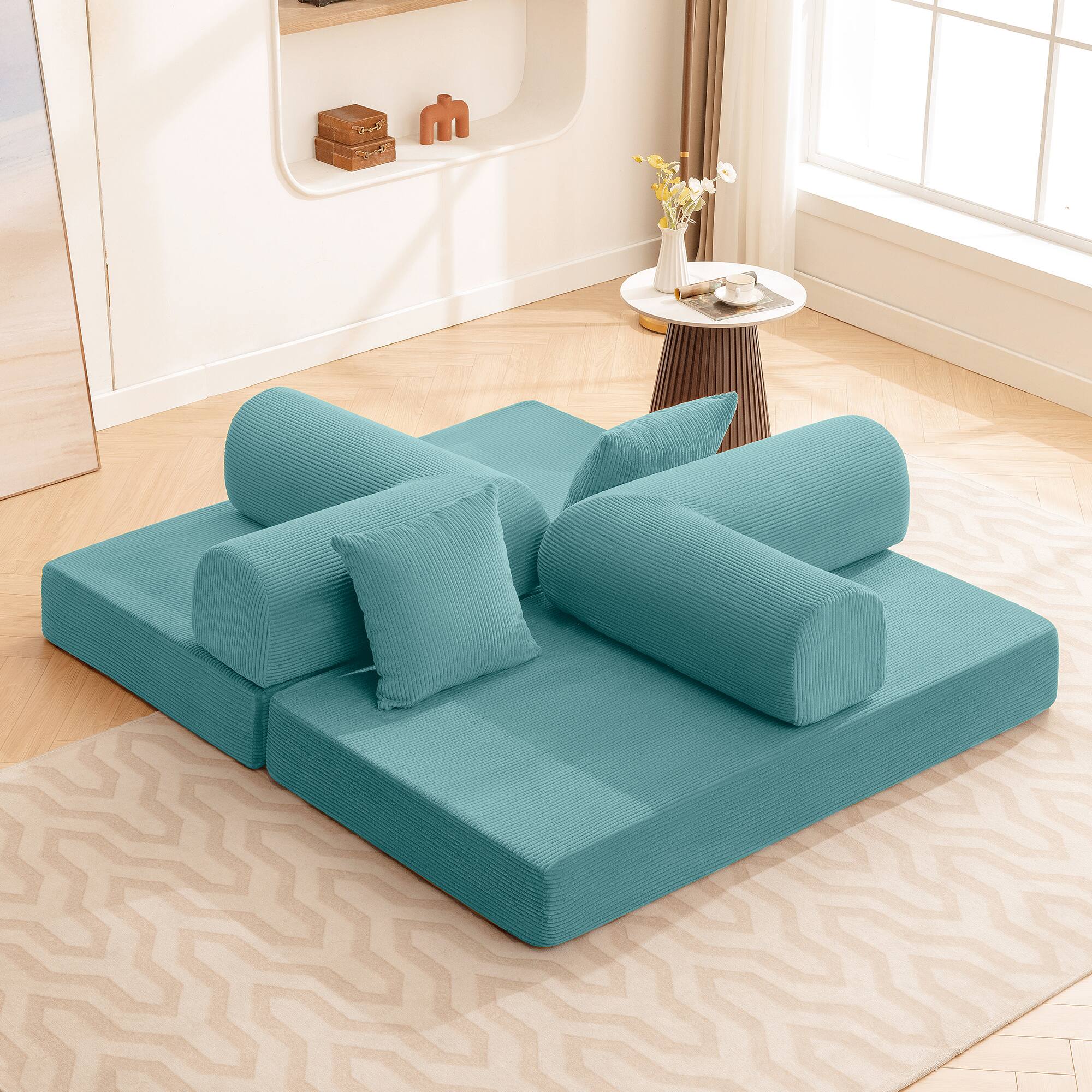 Left. Brick Attic - 4-in-1 Folding Convertible Floor Sofa Bed, 63 Inch Oversized Modern Fabric Boneless Couch for Living Room Bedroom Lounge - Sea FOAM.