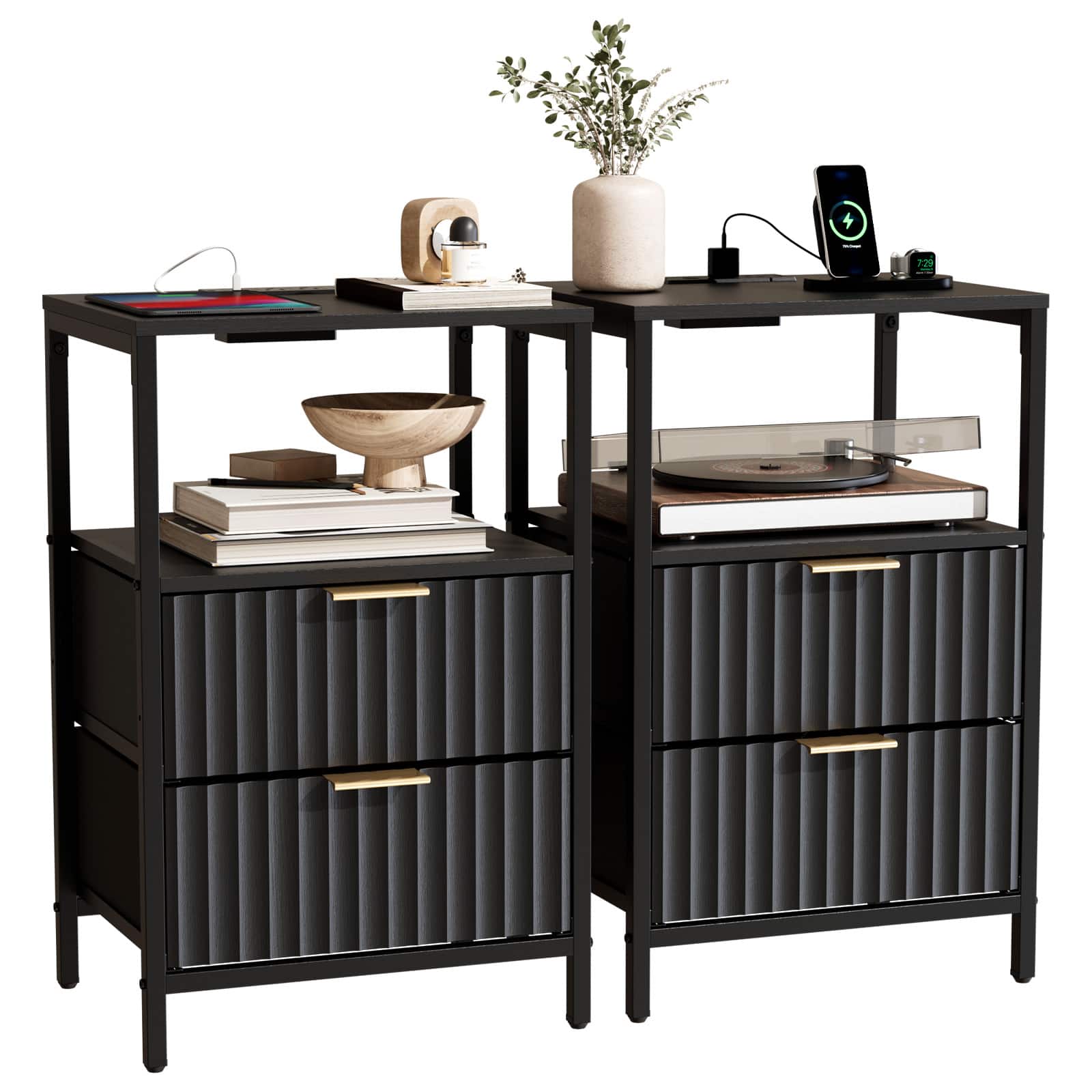 Winado - Set of 2 Fluted Nightstand with Charging Station 2 Fabric Drawers and Shelves USB Type-C AC Outlets Front Bedside Table - Black price history on PriceWatchPro