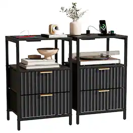 Winado - Set of 2 Fluted Nightstand with Charging Station 2 Fabric Drawers and Shelves USB Type-C AC Outlets Front Bedside Table - Black
