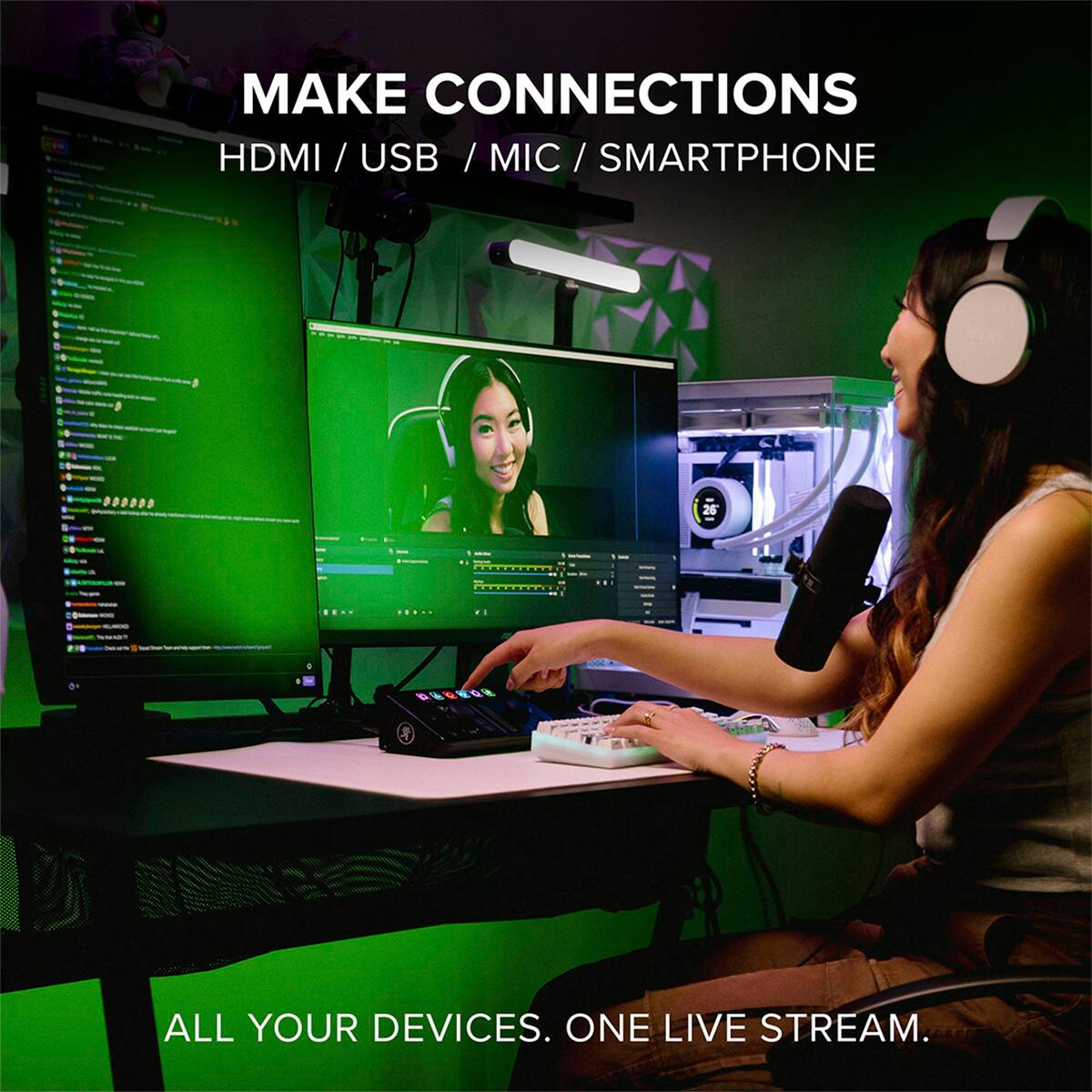MAKE CONNECTIONS  
HDMI / USB / MIC / SMARTPHONE  

ALL YOUR DEVICES. ONE LIVE STREAM.
