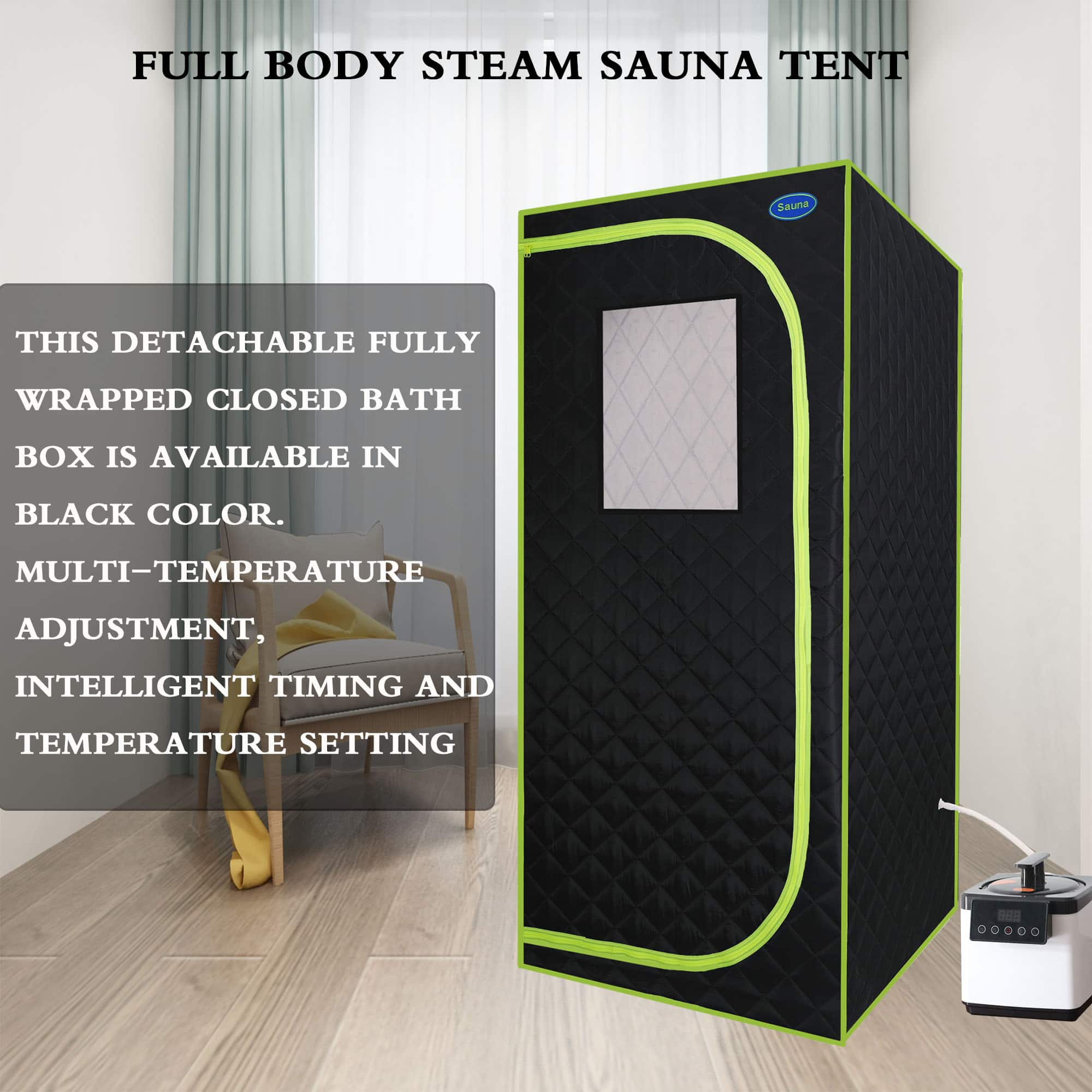 APRILSOUL - Portable Plus Full Size Steam Sauna Tent Home Spa Stainless Steel Pipes Easy Install FCC Green Binding - Black