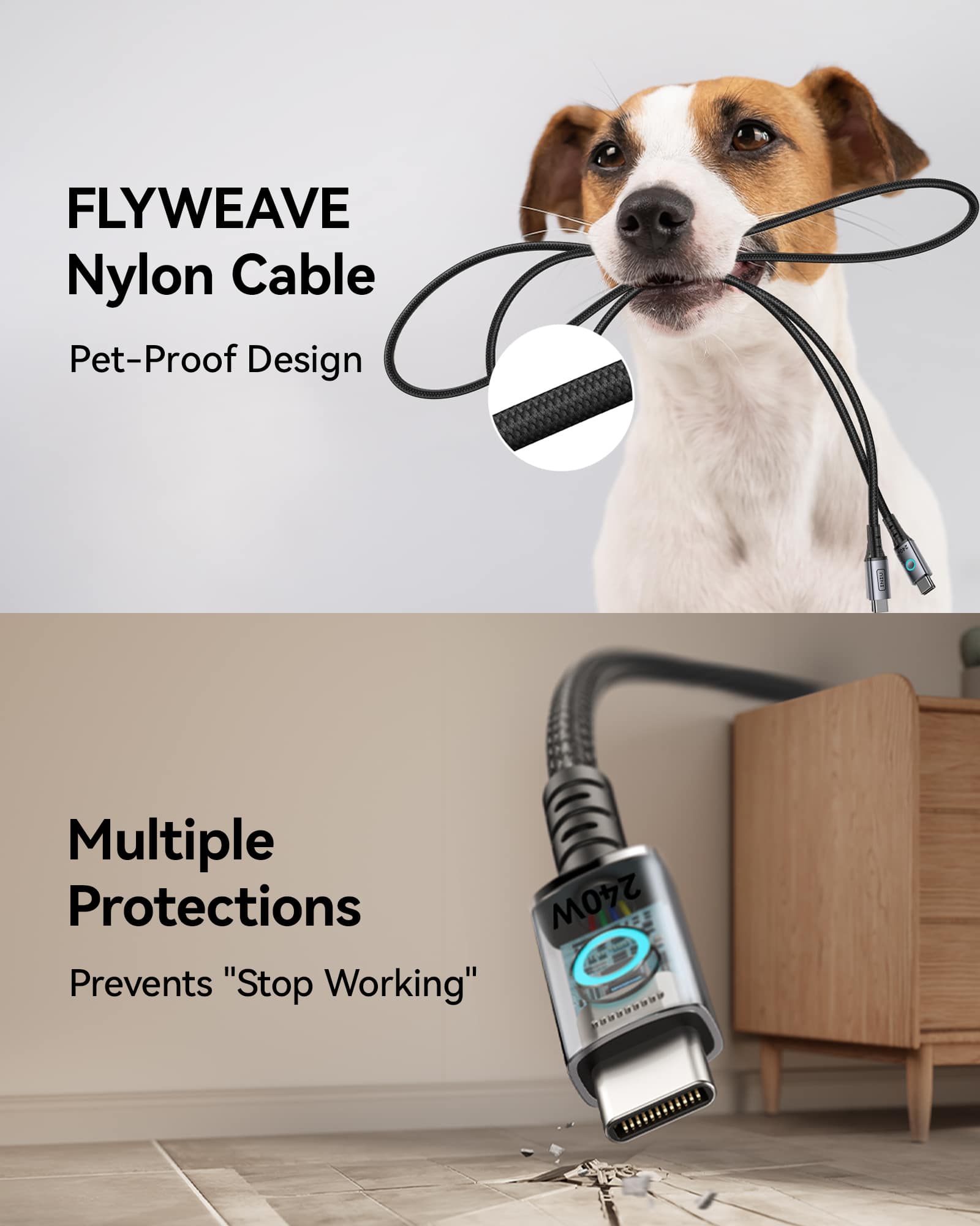 FLYWEAVE Nylon Cable Pet-Proof Design Multiple Protections 240W Prevents "Stop Working" Problem.