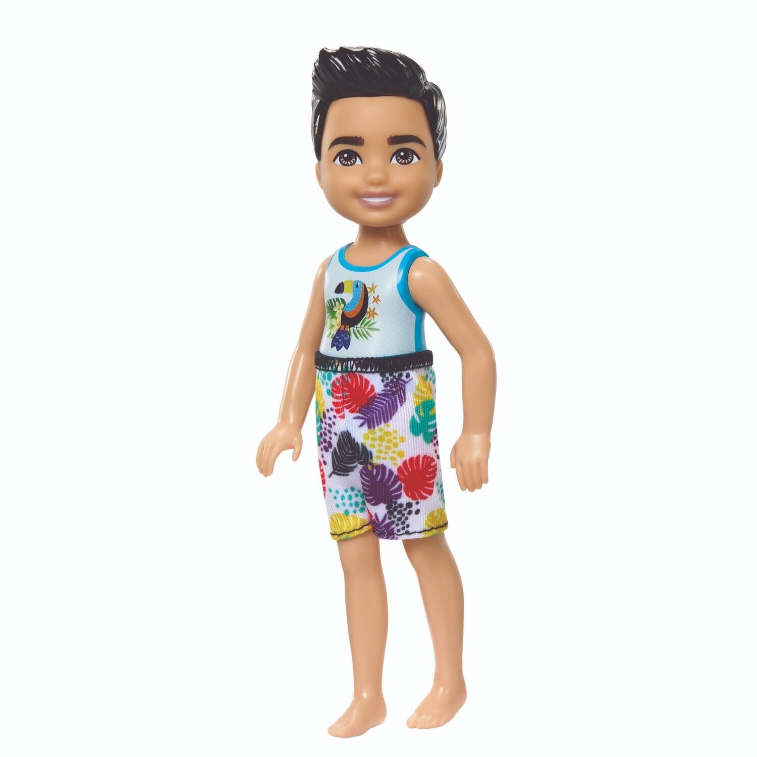 Front. Mattel - Barbie Chelsea Small Doll Boy with Swimsuit, Toucan Shirt, Black Hair   - COLLECTIBLES - Multicolor.
