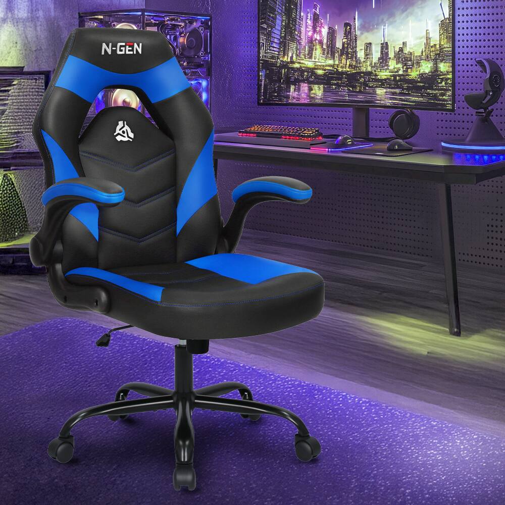 Angle. Celtoss - Gaming Chair, Ergonomic Office Computer Desk Chair with Lumbar Support, Flip-Up Arms, PU Leather, Swivel Wheels - Blue.