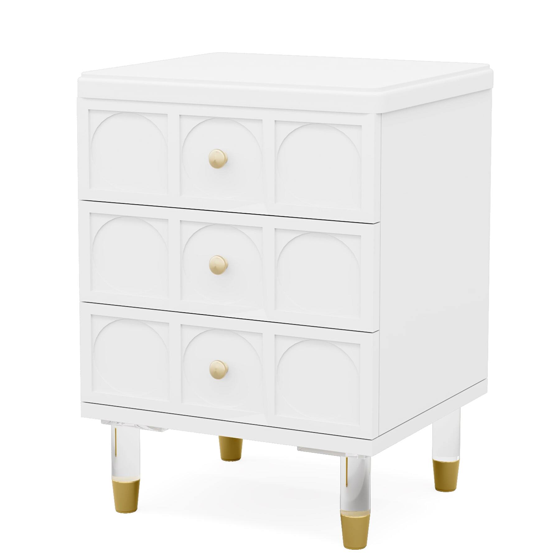 Alt View 5. Kadyn - Kadyn 3-Drawer Bedside Table, Acrylic Metal Legs, Compact Nightstand for Bedroom, Space-Saving, Sleek Design, White - White.