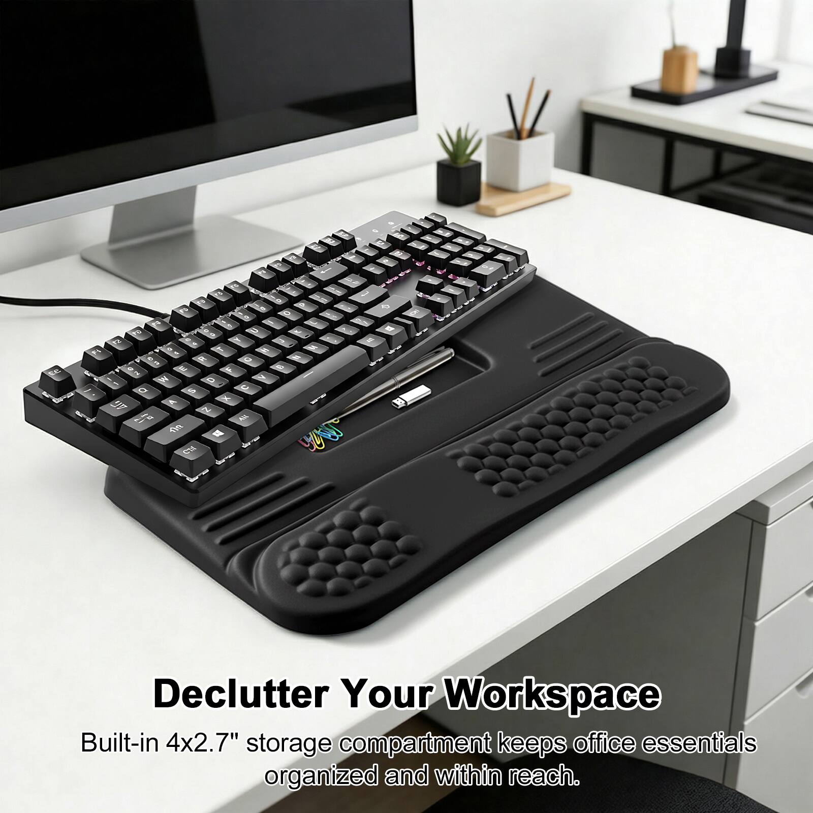 Declutter Your Workspace  
Built-in 4x2.7" storage compartment keeps office essentials organized and within reach.