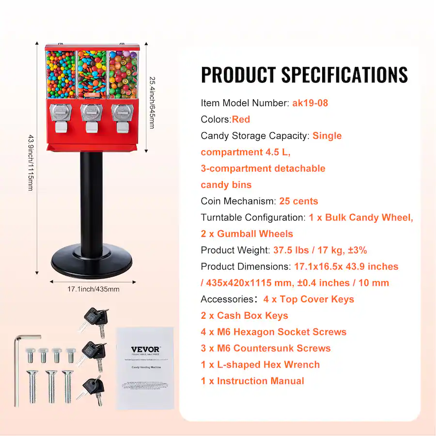 VEVOR Commercial Vending Machine, Triple Compartment Candy Dispenser ...