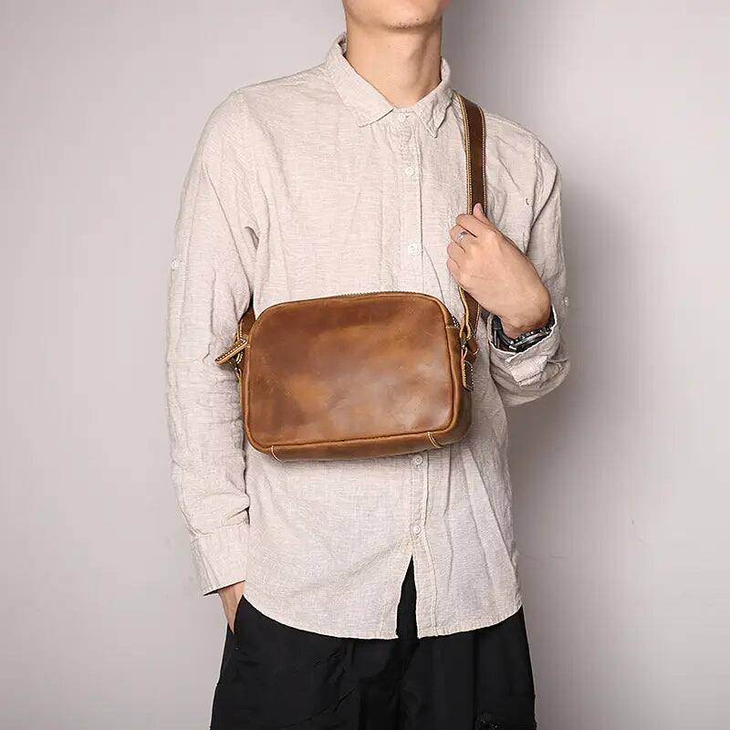 Left. Steel Horse Leather - Soren Vintage Leather Crossbody Bag Sling - Brown.