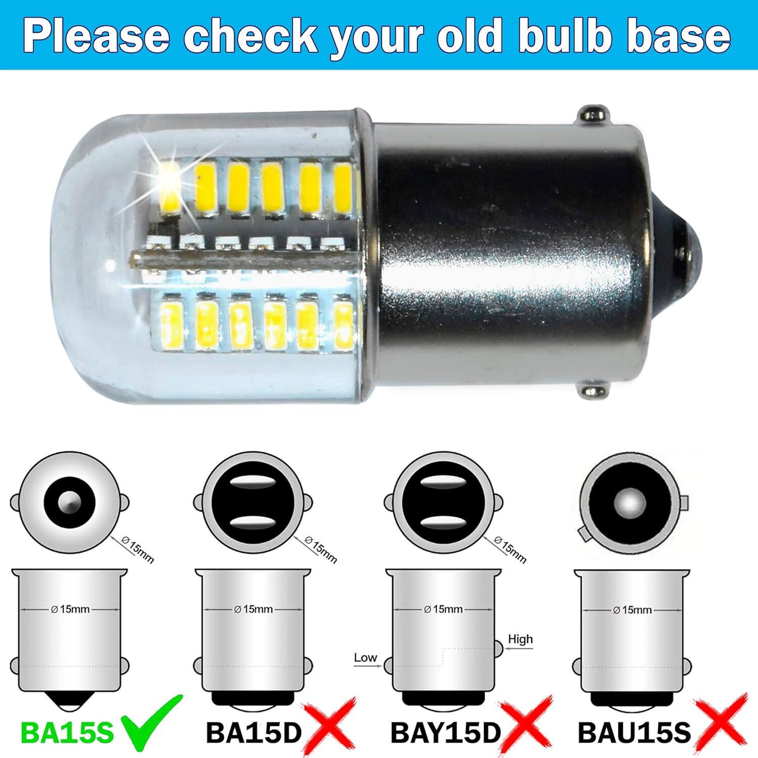 Please check your old bulb base

e 15mm 15mm 0 15mm e 15mm e 15mm 0 15mm 2 15mm BA15S High Low BA15D X BAY15D X BAU15S X
