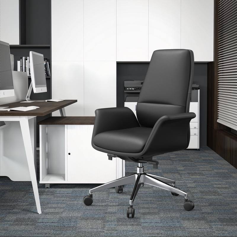 Angle. LeisureMod - Summit Leather Office Chair with Durable Metal Frame, Adjustable Height, Swivel, Tilt, and Plush Cushion Support - Black.