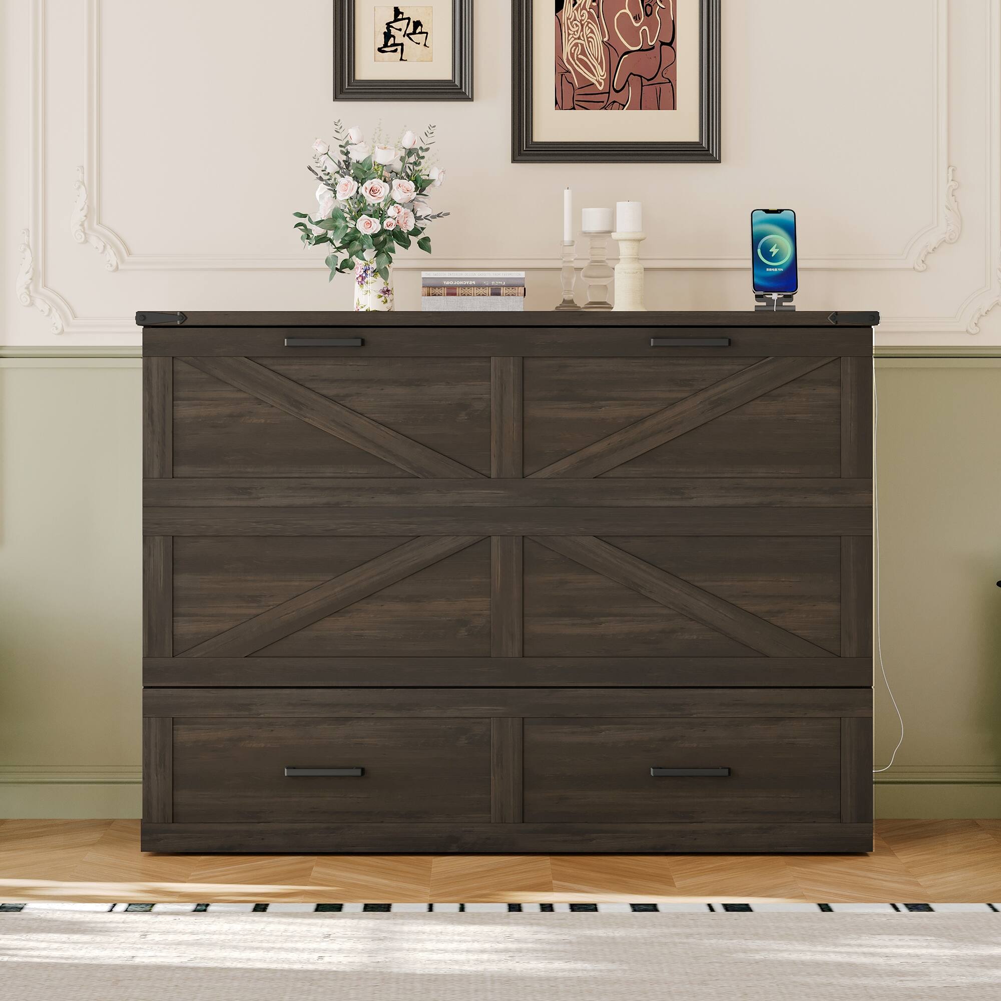 Alt View 1. Tiramisubest - Full Size Murphy Cabinet Bed with Charging Station, Foldable Platform Bed with Large Storage Drawer, Rustic Gray - Gray.