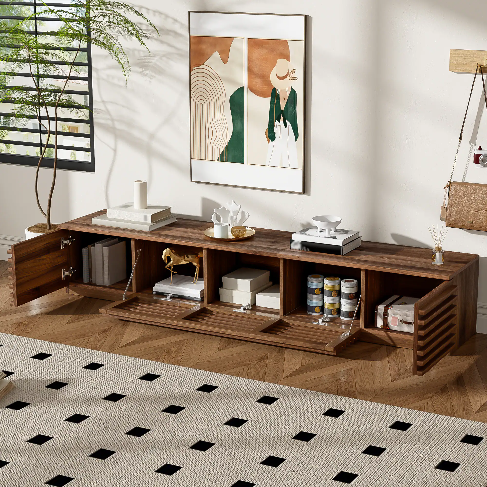Left. MERAVOM - Modern TV Stand for up to 80" TVs, Entertainment Center with Flip-Down Doors, Media TV Console with Storage Cabinets - Walnut.