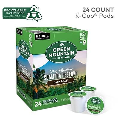 RECYCLABLE K-CUP PODS  
CHECK LOCALLY  
24 COUNT  
KEURIG  
100% ARABICA  
GREEN MOUNTAIN COFFEE ROASTERS  
Single Origin  
SUMATRA RESERVE  
DARK ROAST  
24 K-CUP PODS  
100% COFFEE  
RECYCLABLE  
24-147 mL