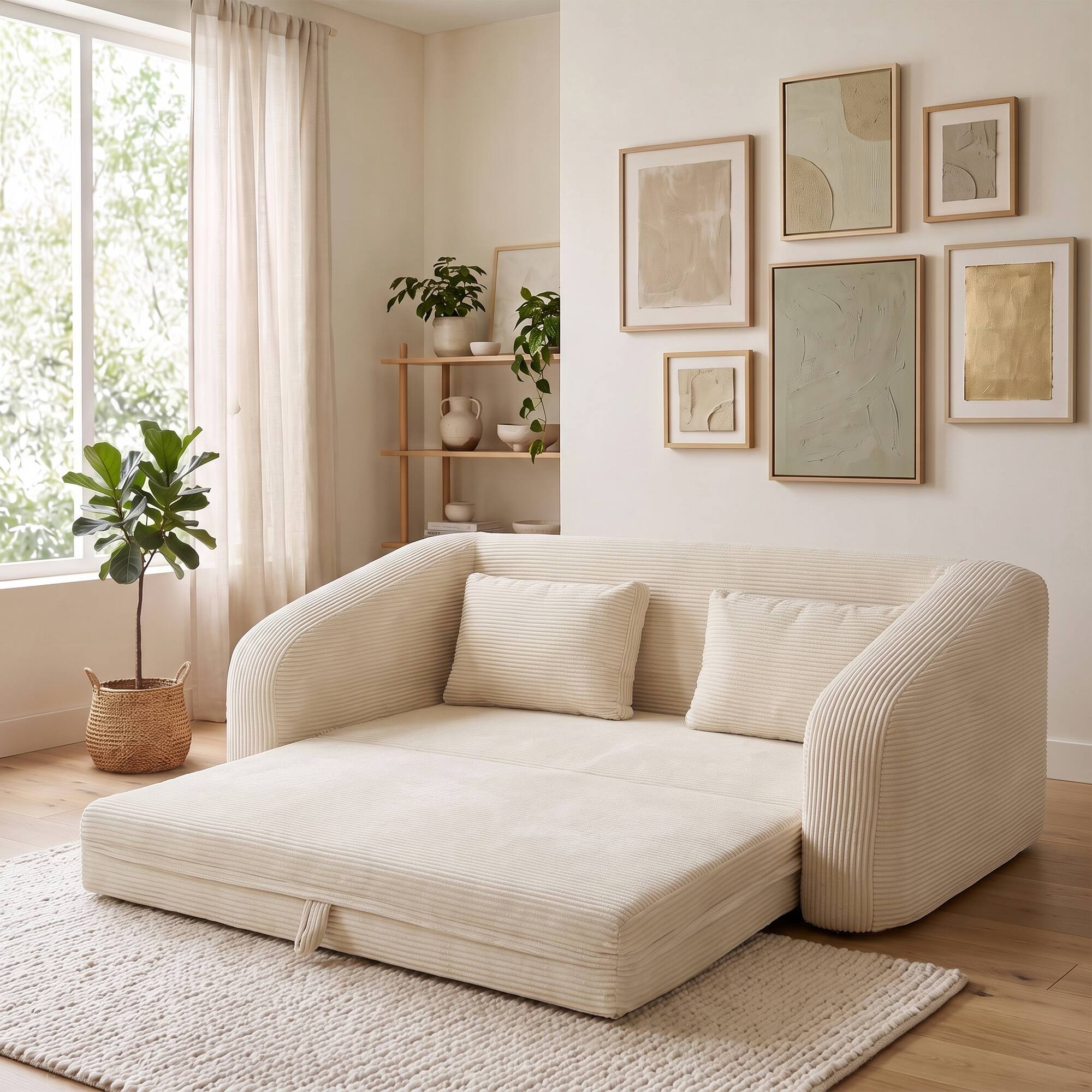 Angle. Famapy - Convertible Sleeper Sofa Bed with Corduroy Cover, Foam Cushions and Removable Cover for Small Spaces - Beige.