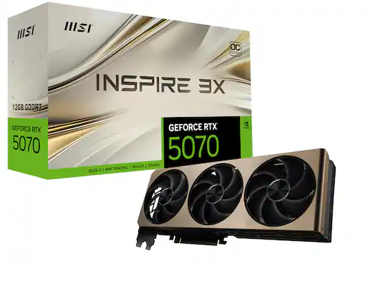 The text on the image is grouped and corrected as follows:
"Inspire 3X GeForce RTX 5070 12GB GDDR7 DLSS 4 Studio Ray Tracing TVEAL."