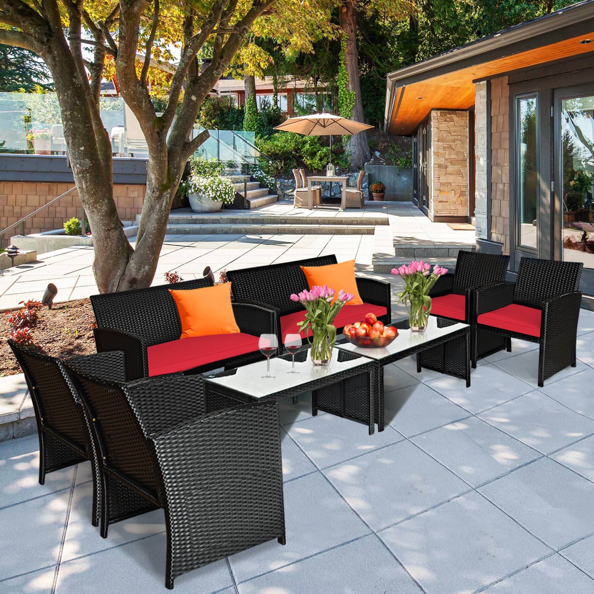 Gymax - 8PCS Rattan Outdoor Conversation Set Patio Furniture Set w/ Cushions - Red price history on PriceWatchPro