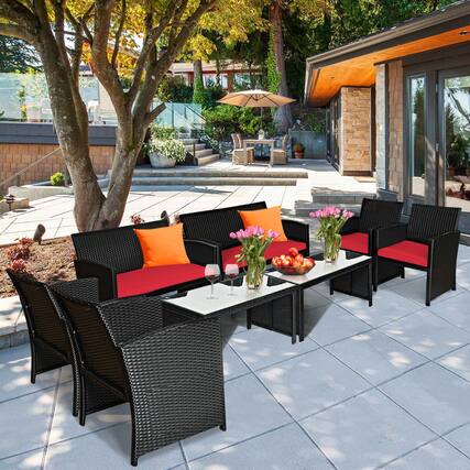 Front. Gymax - Gymax 8PCS Rattan Outdoor Conversation Set Patio Furniture Set w/ Red Cushions - Red.