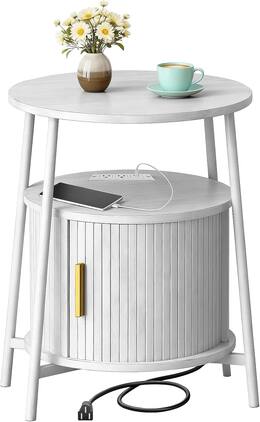 Tiramisubest - Round End Tables with Charging Station,Fluted Accent Side Table with Sliding Door,Modern Nightstand for Small Space - White
