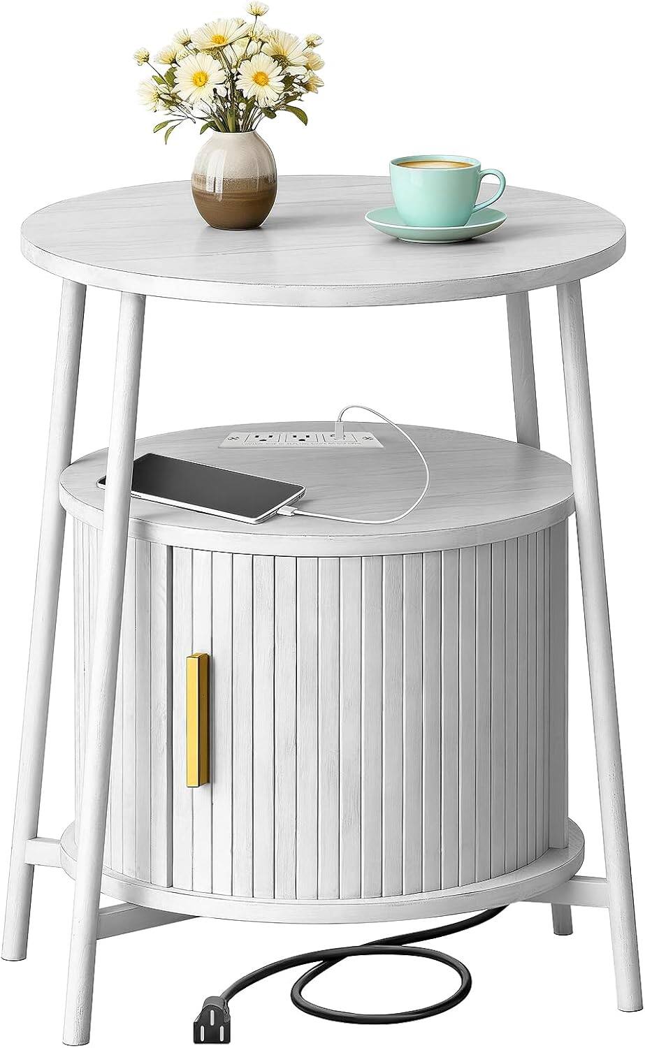 Tiramisubest - Round End Tables with Charging Station,Fluted Accent Side Table with Sliding Door,Modern Nightstand for Small Space - White