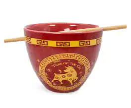 Boom Trendz - Year Of The Ox Chinese Zodiac 16-Ounce Ramen Bowl and Chopstick Set - Red